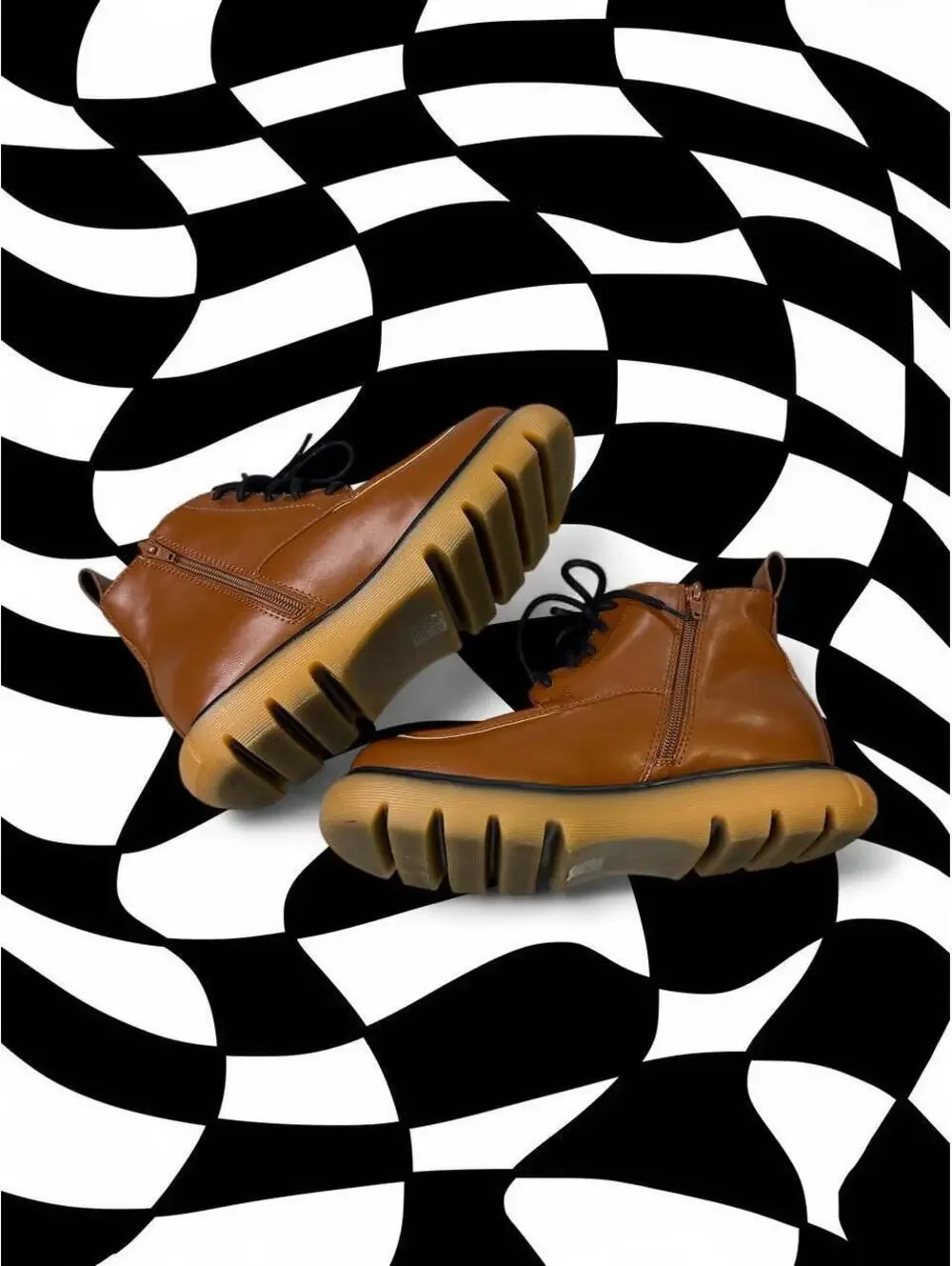 Charles & Keith Brown leather ankle boots with chunky sole and lace-up design